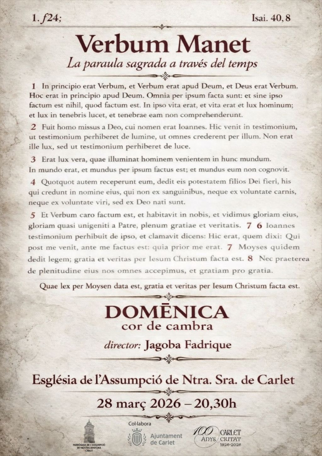 Proper concert a Carlet, “Verbum Manet” la paraula sagrada a través del temps.